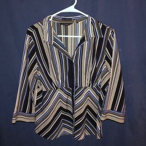 Blue black and white striped button up soft blouse